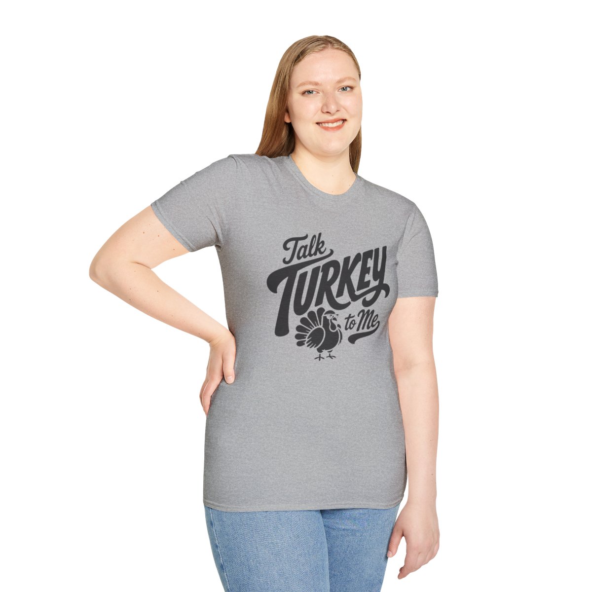 Talk Turkey to Me Thanksgiving T-Shirt in Sport Grey, worn by a model (front view)