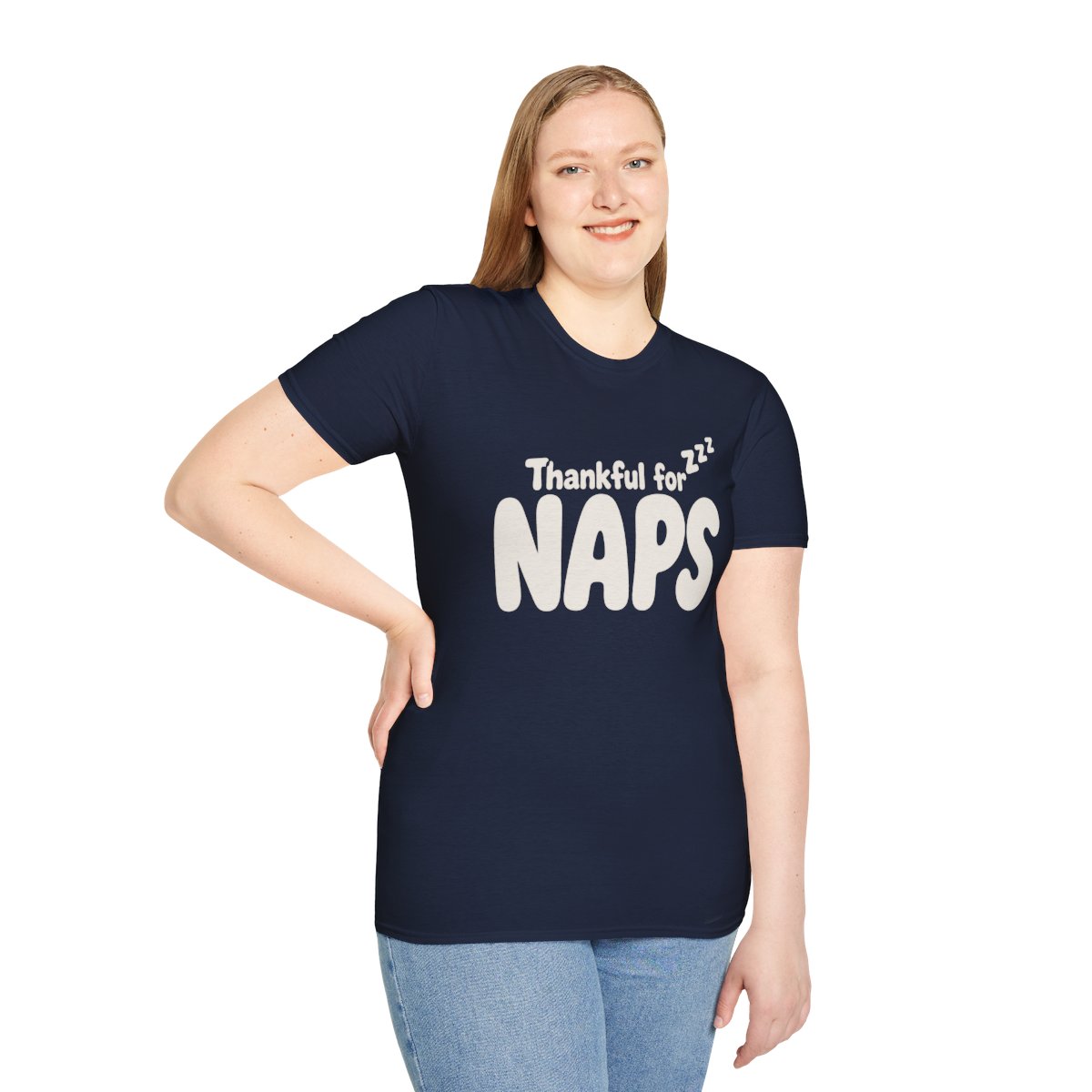 Thankful for Naps Thanksgiving T-Shirt in Navy, worn by a model (front view)