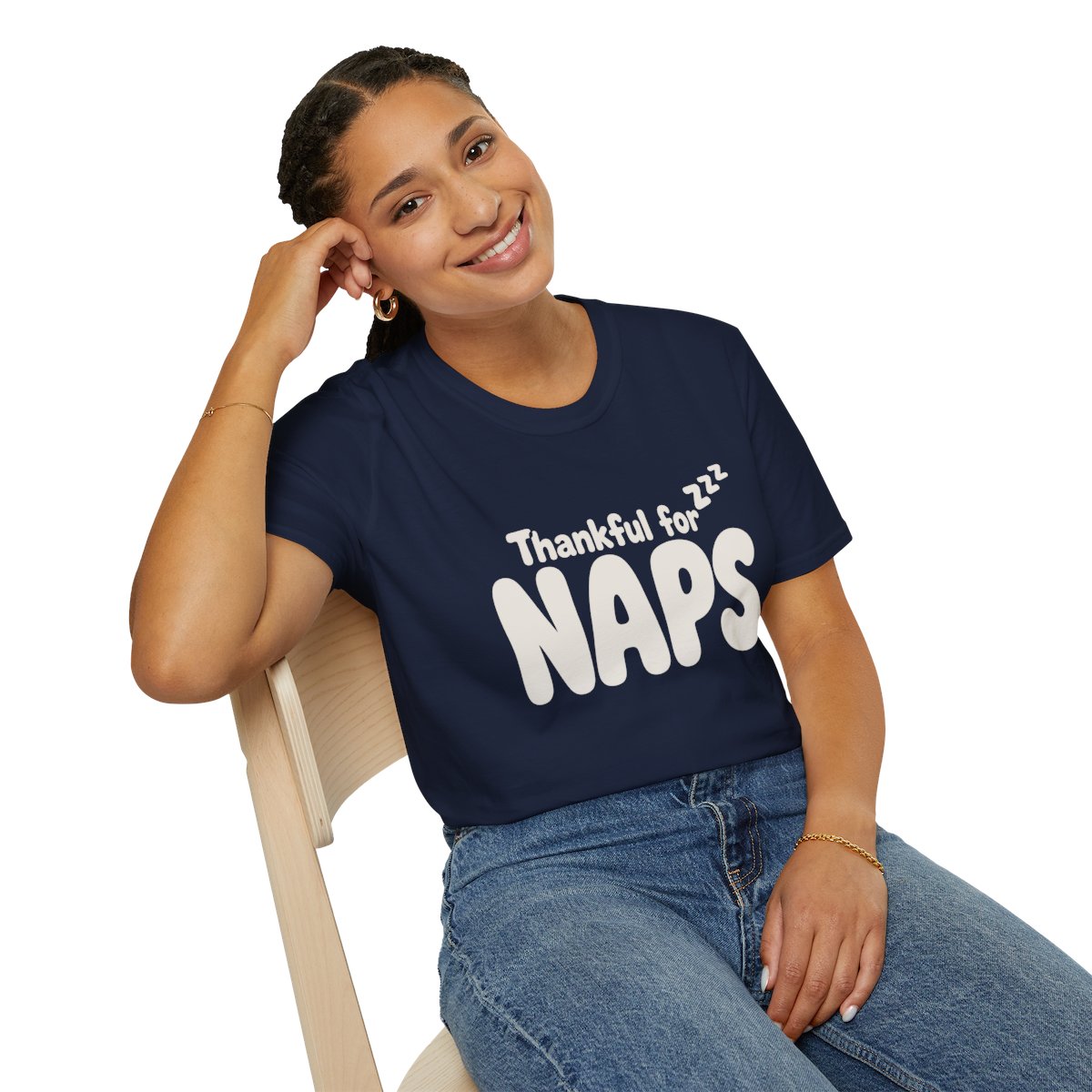Thankful for Naps Thanksgiving T-Shirt in Navy, worn by a model (lifestyle shot)