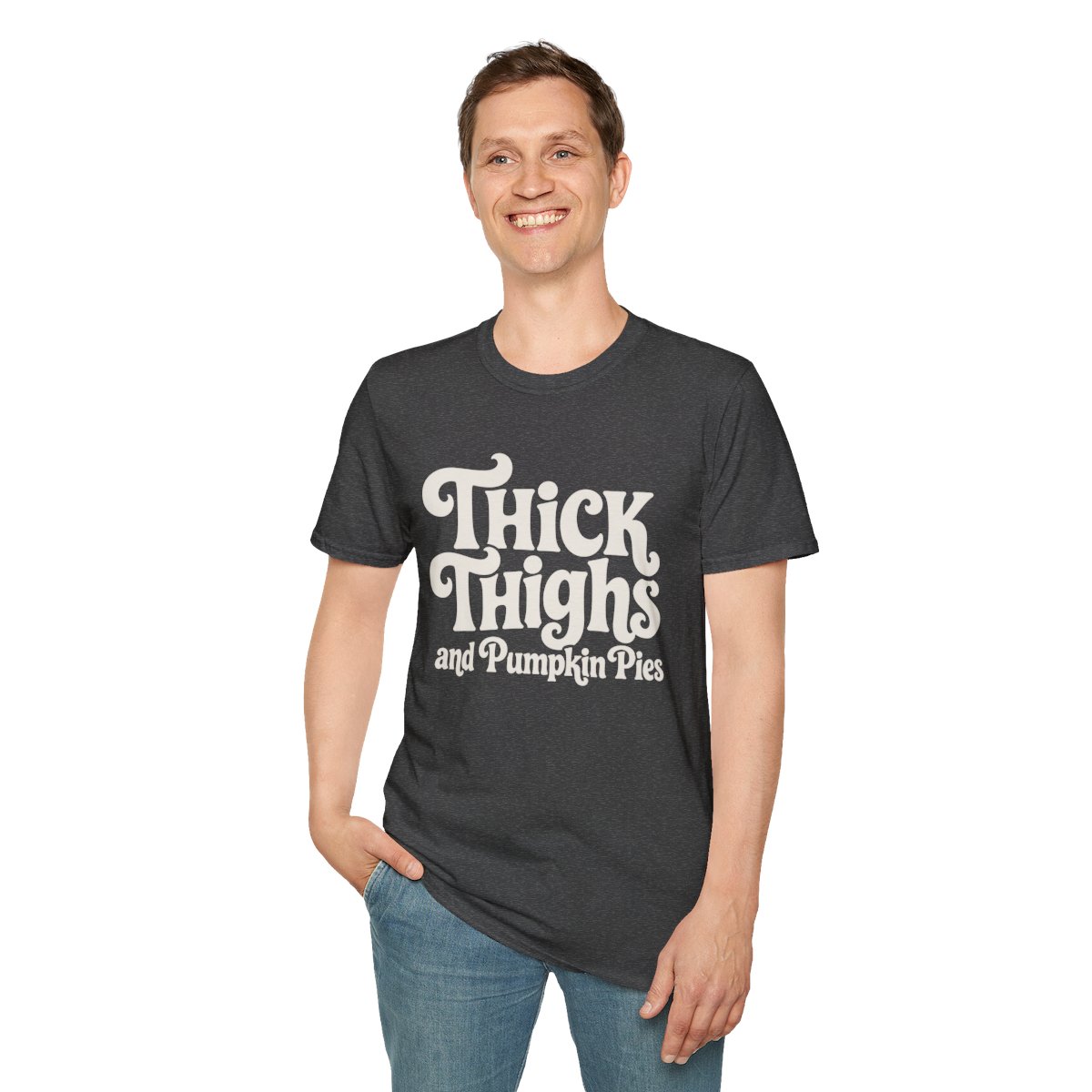 Thick Thighs and Pumpkin Pies Halloween T-Shirt in Dark Heather, worn by a model (front view)