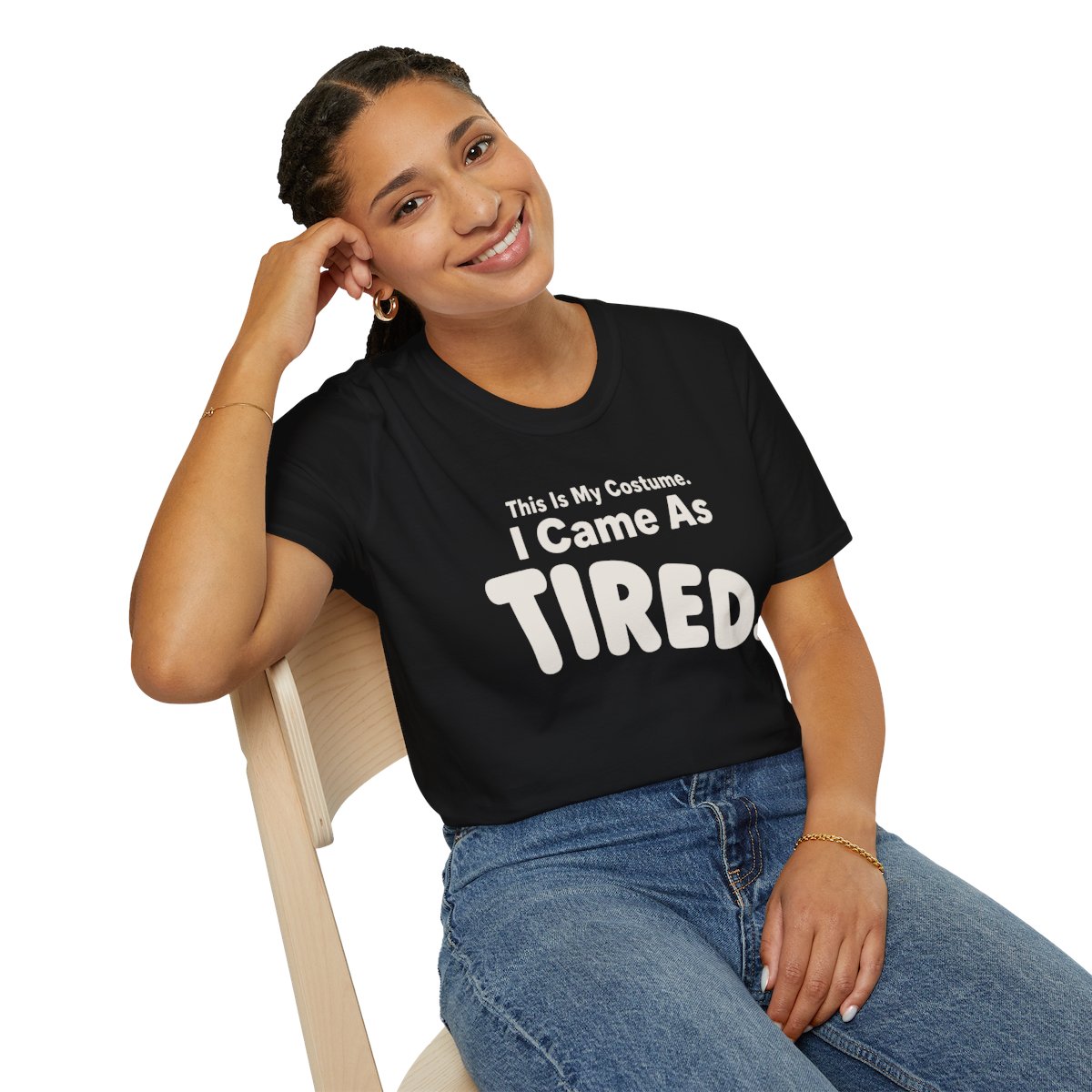 This Is My Costume. I Came As Tired Halloween T-Shirt in Black, worn by a model (lifestyle shot)