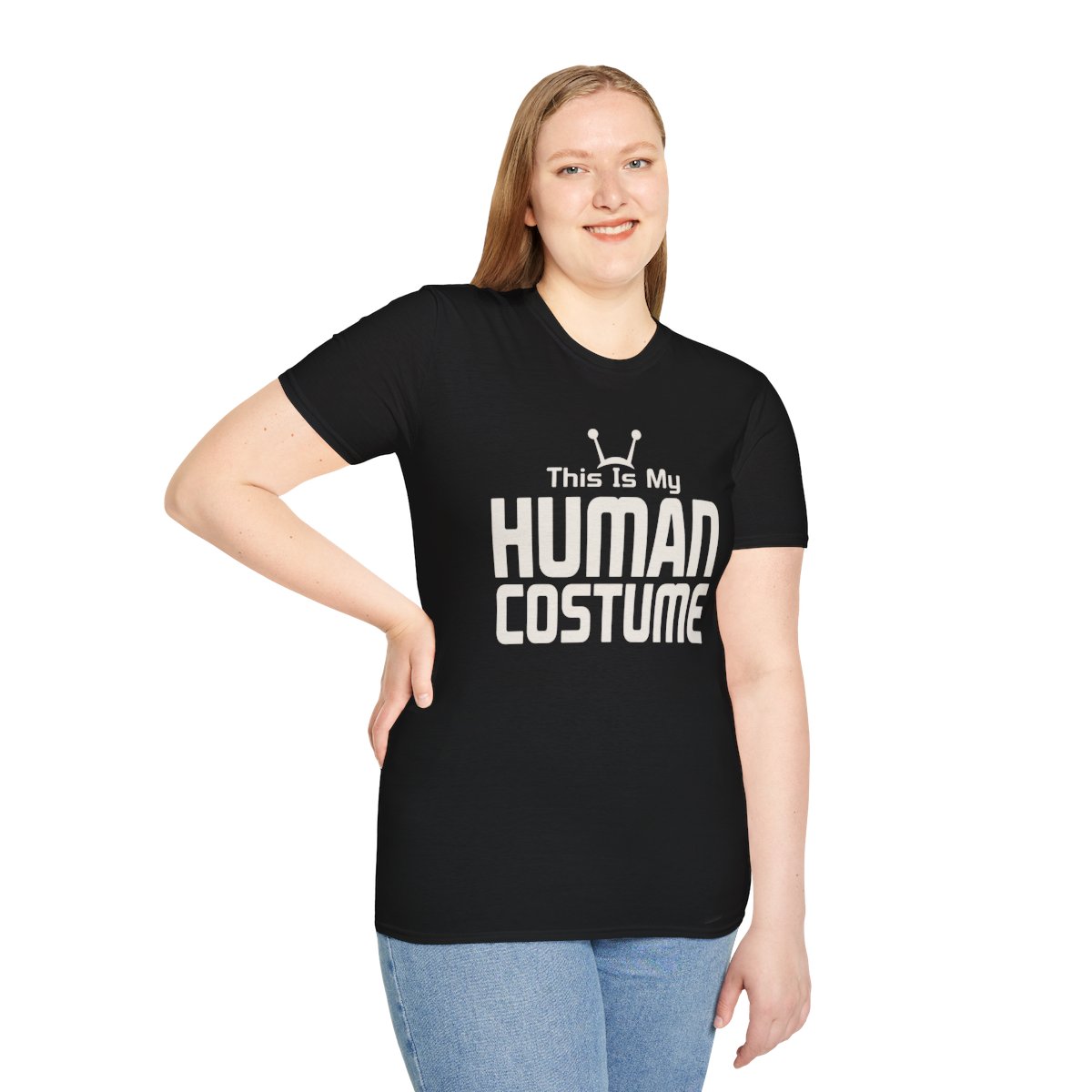 This Is My Human Costume Halloween T-Shirt in Black, worn by a model (front view)