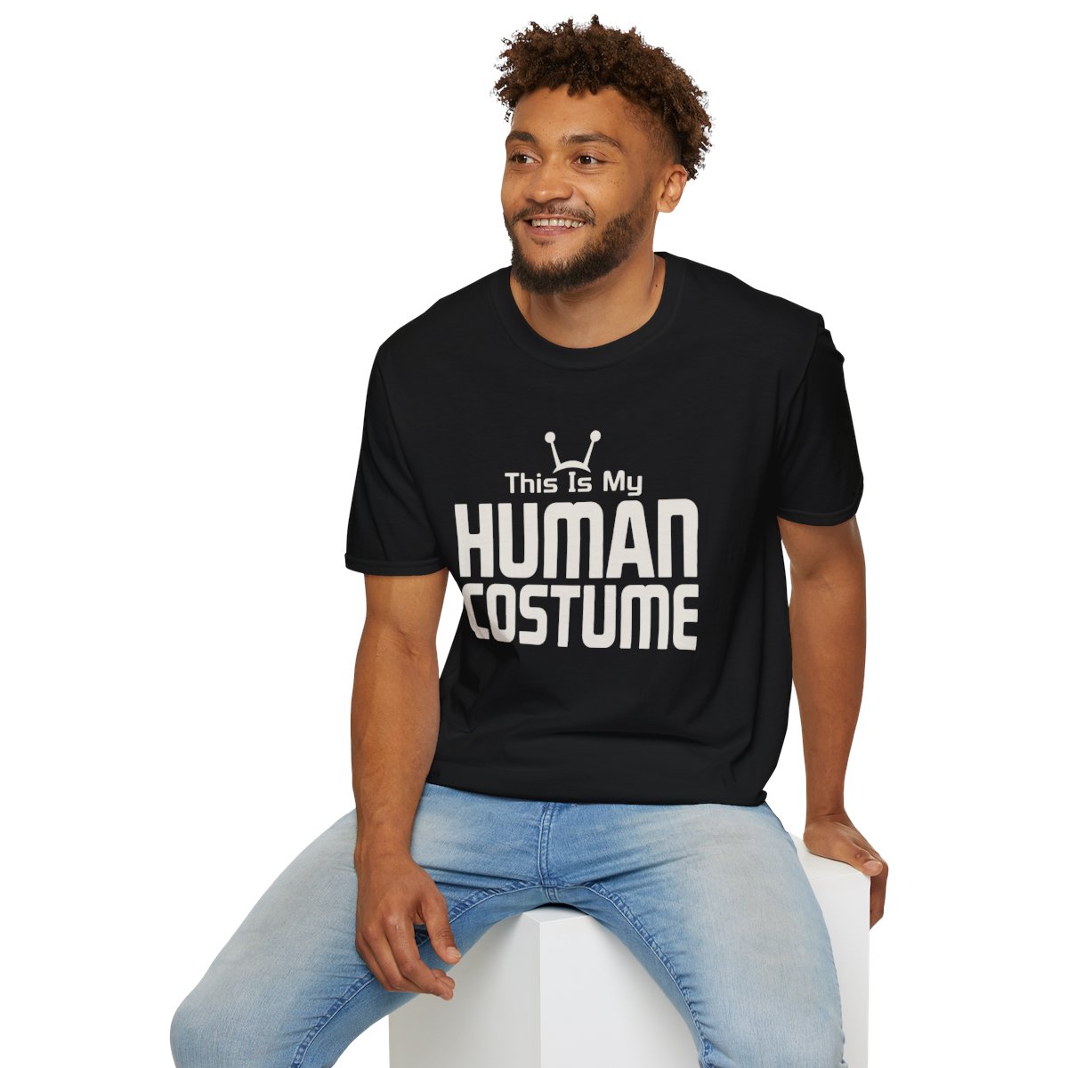 This Is My Human Costume Halloween T-Shirt in Black, worn by a model (lifestyle shot)