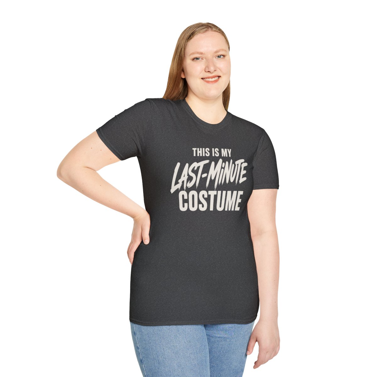 This Is My Last-Minute Costume Halloween T-Shirt in Dark Heather, worn by a model (front view)