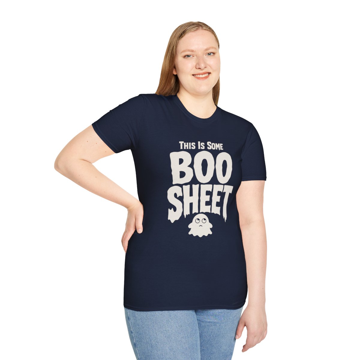 This Is Some Boo Sheet Halloween T-Shirt in Navy, worn by a model (front view)