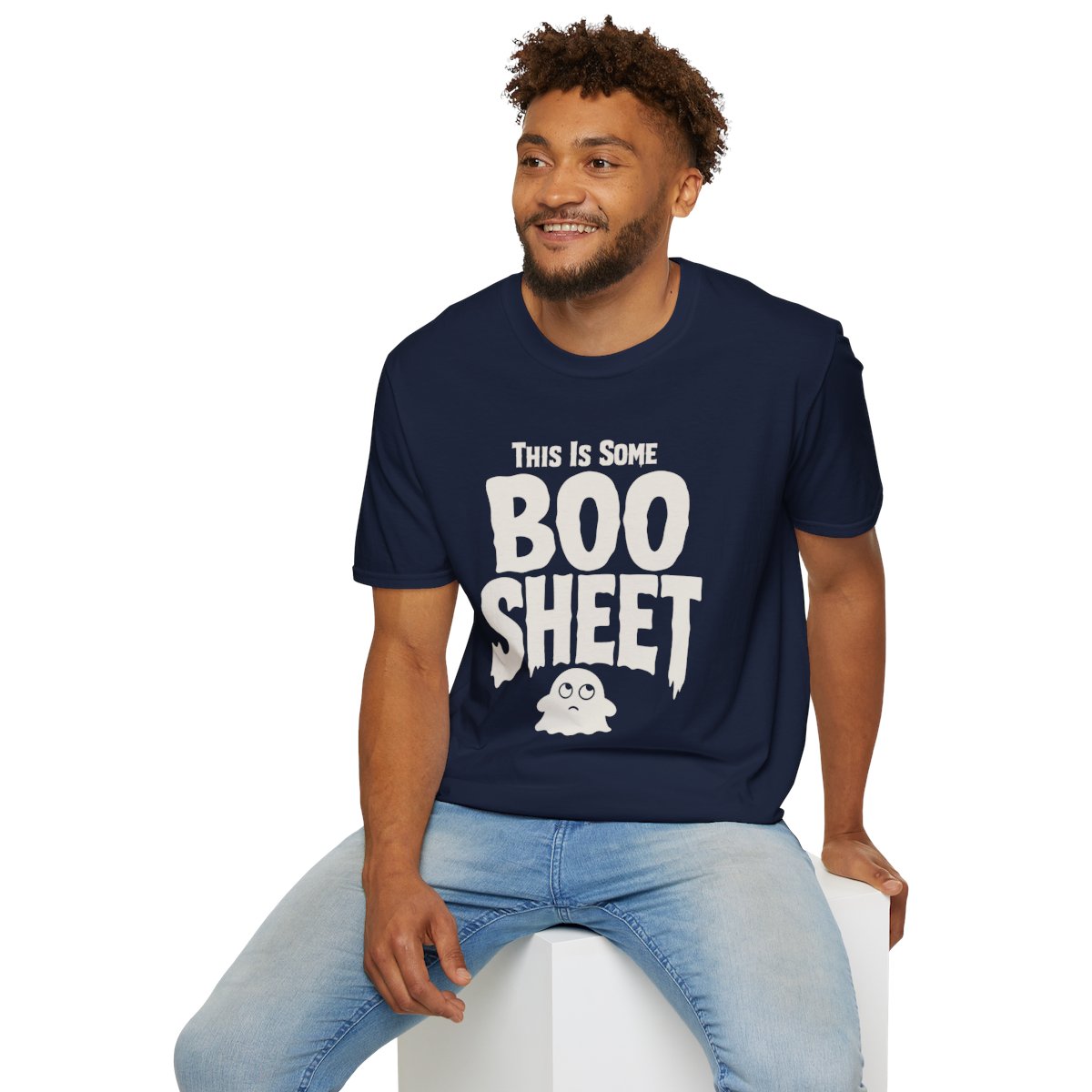 This Is Some Boo Sheet Halloween T-Shirt in Navy, worn by a model (lifestyle shot)