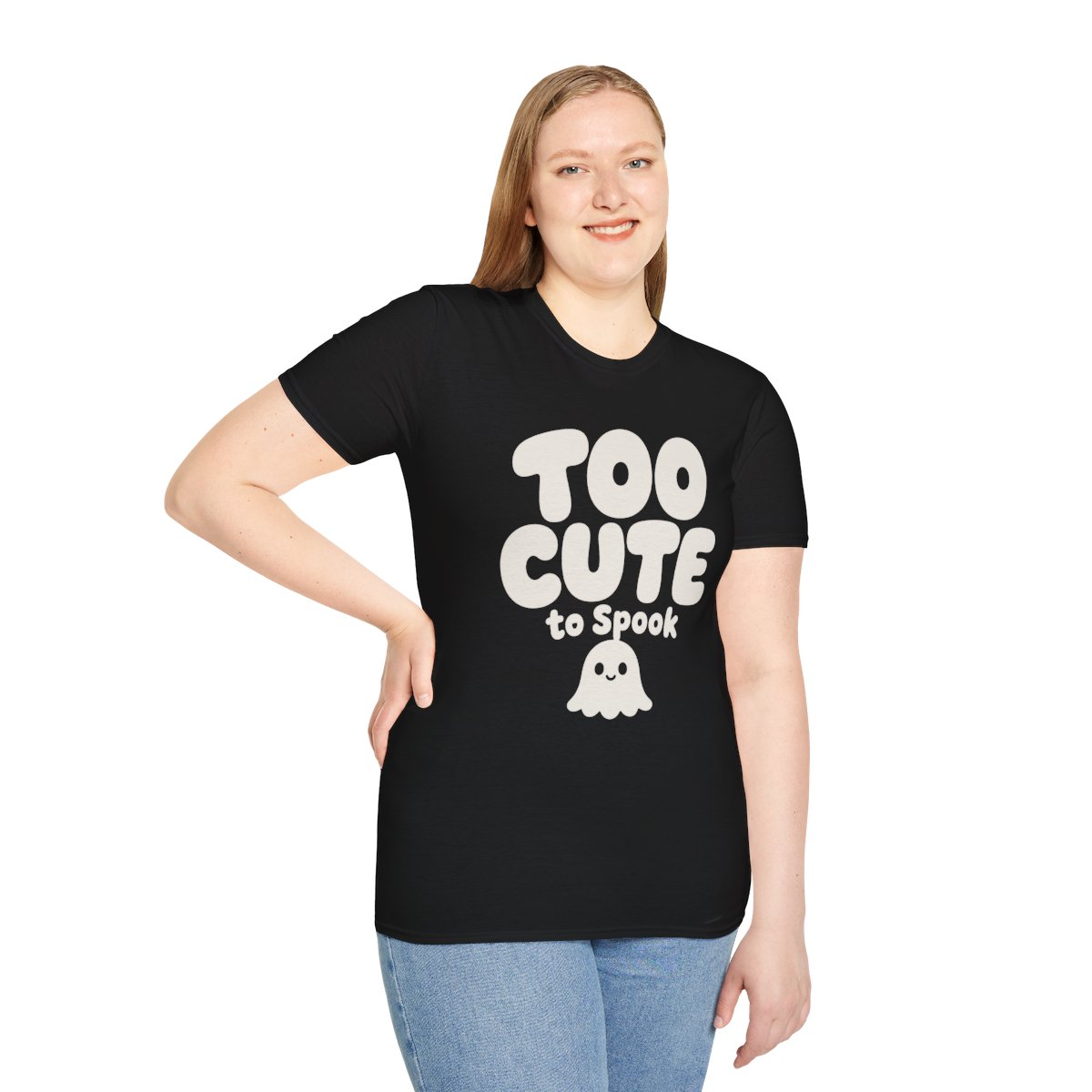 Too Cute to Spook Halloween T-Shirt in Black, worn by a model (front view)