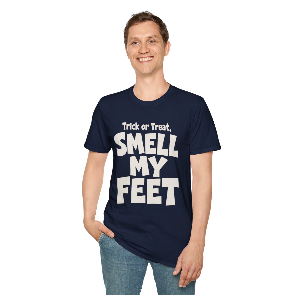 Trick or Treat, Smell My Feet Halloween T-Shirt in Navy, worn by a model (front view)