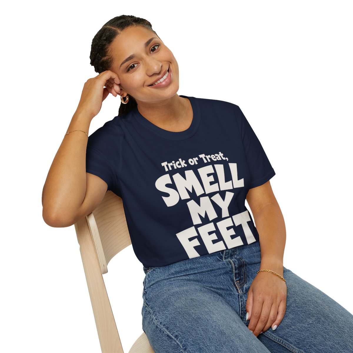 Trick or Treat, Smell My Feet Halloween T-Shirt in Navy, worn by a model (lifestyle shot)
