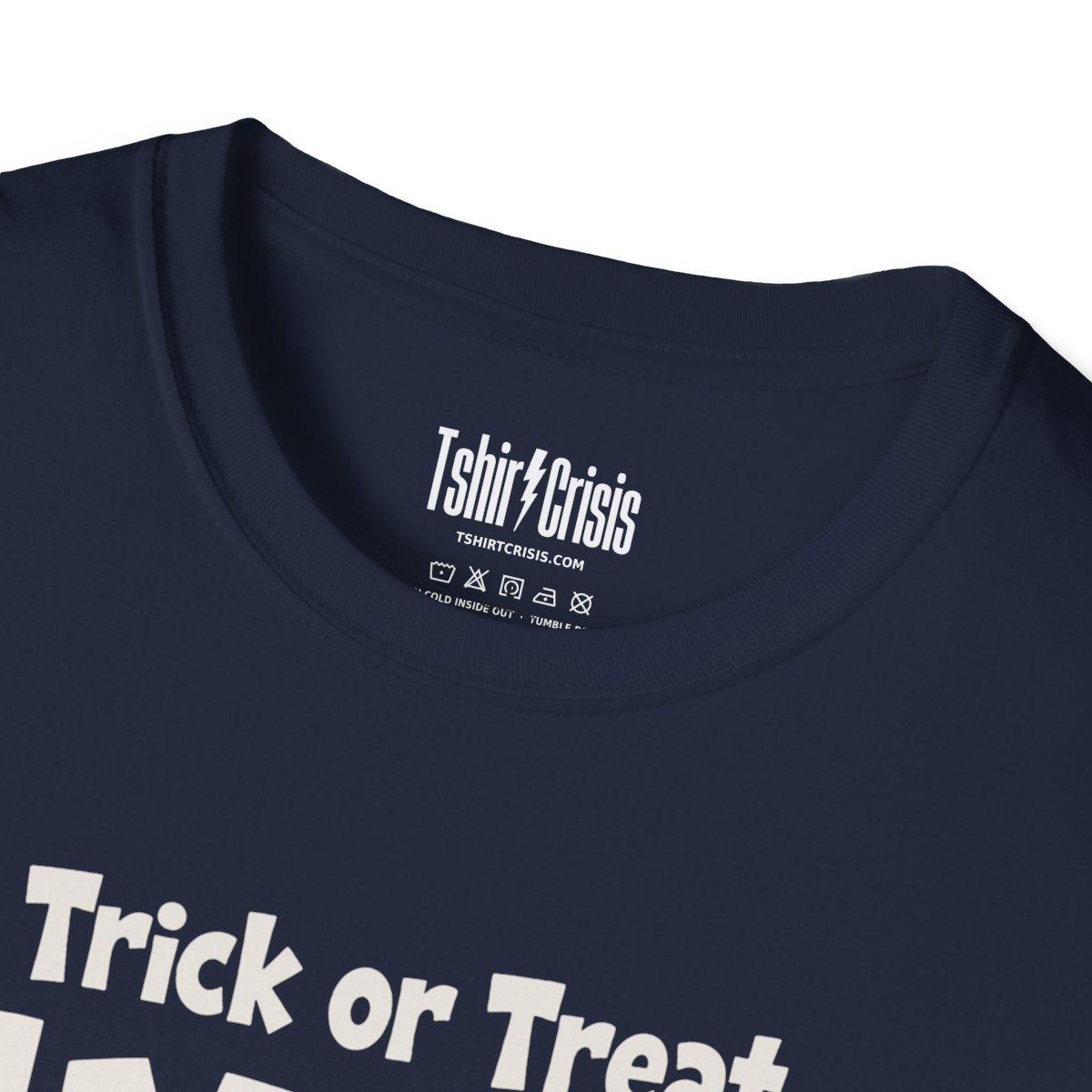 Trick or Treat, Smell My Feet Halloween T-Shirt in Navy, branded inside neck label