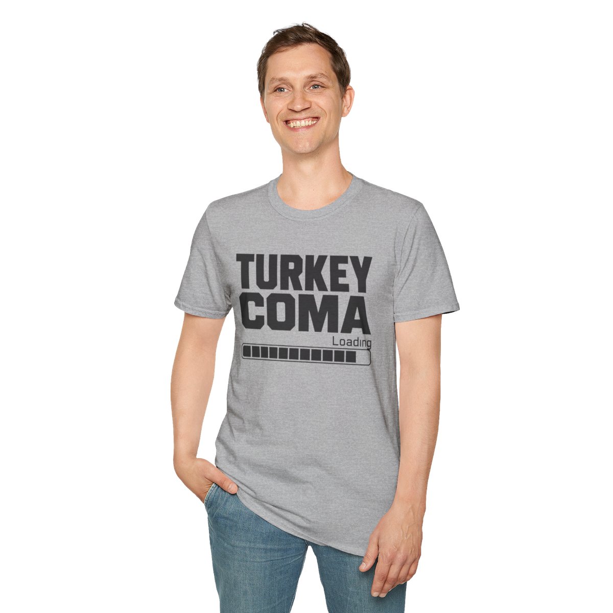 Turkey Coma Loading Thanksgiving T-Shirt in Sport Grey, worn by a model (front view)