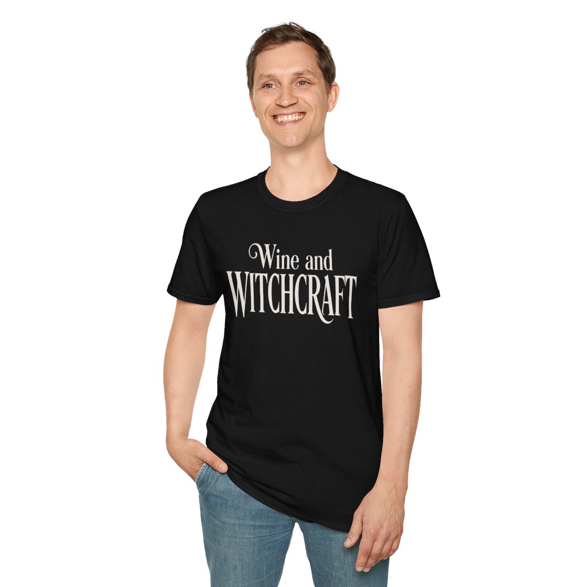 Wine and Witchcraft Halloween T-Shirt in Black, worn by a model (front view)