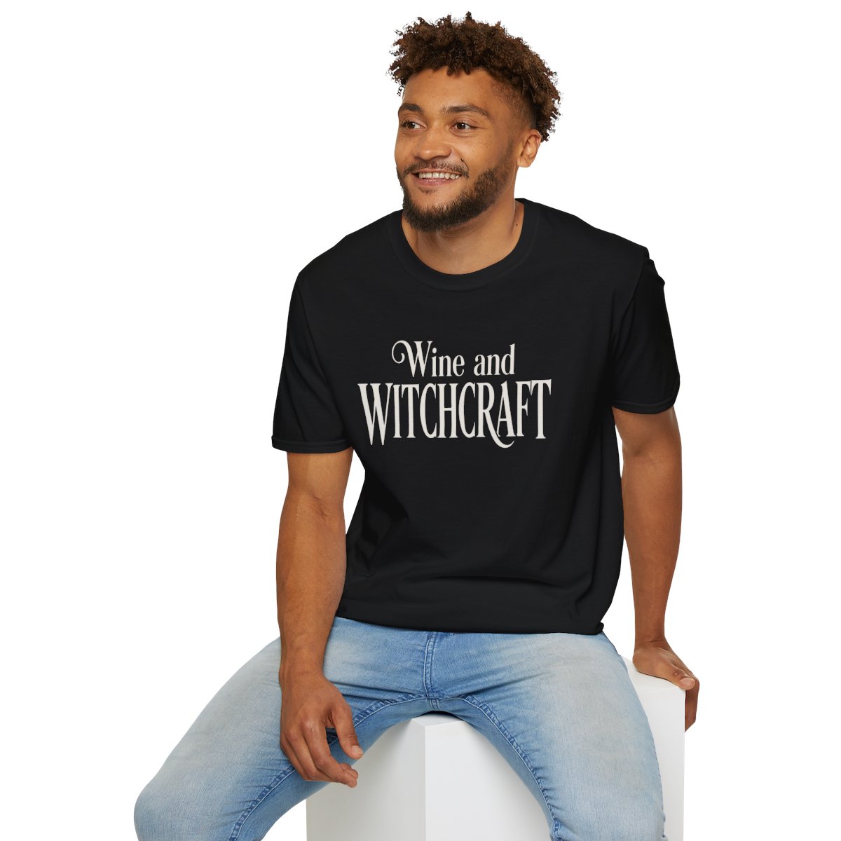 Wine and Witchcraft Halloween T-Shirt in Black, worn by a model (lifestyle shot)