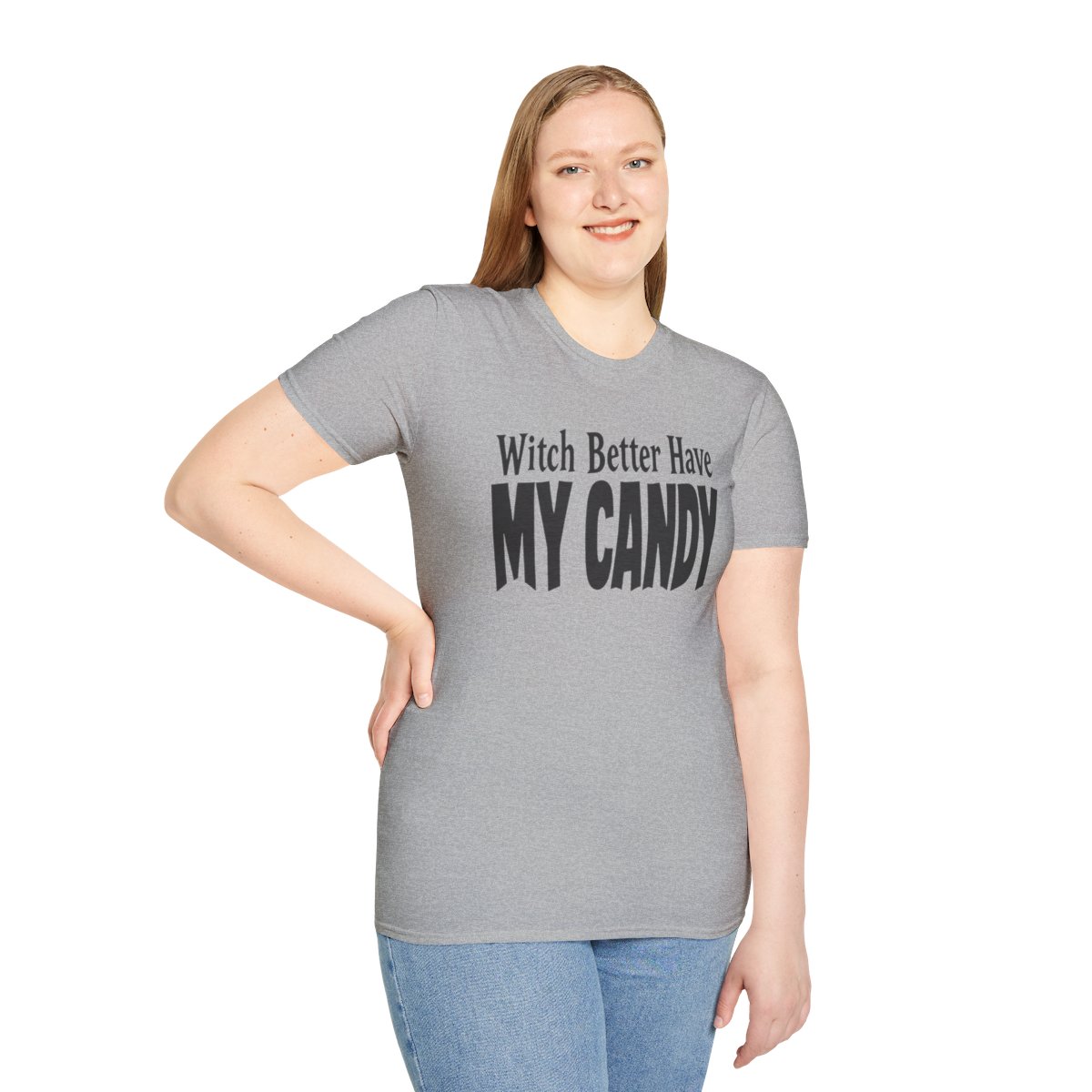 Witch Better Have My Candy Halloween T-Shirt in Sport Grey, worn by a model (front view)