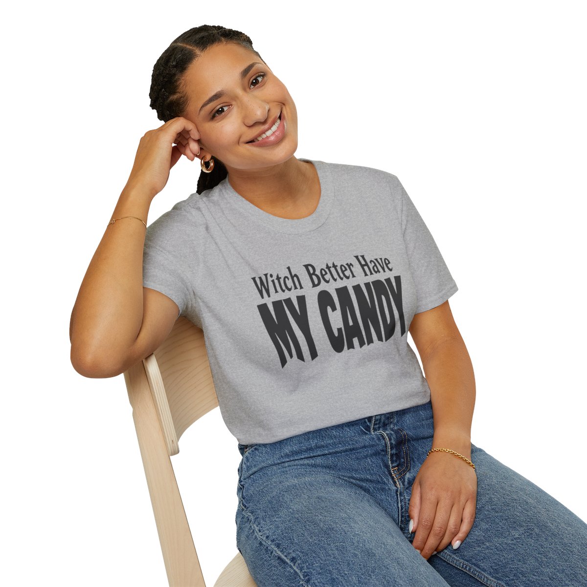 Witch Better Have My Candy Halloween T-Shirt in Sport Grey, worn by a model (lifestyle shot)