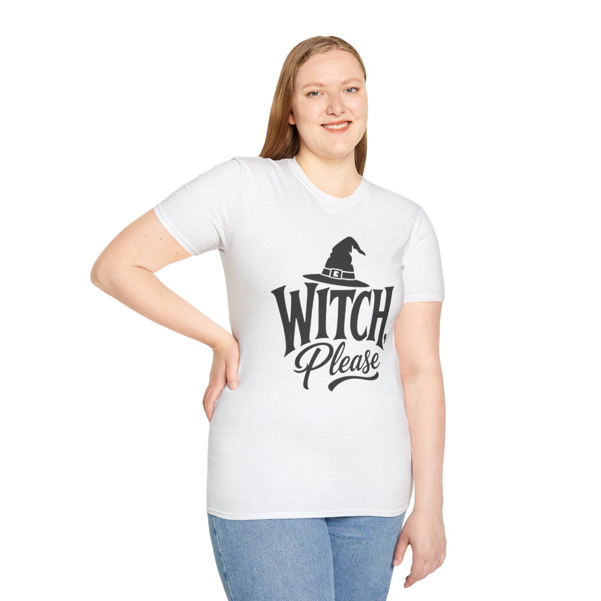 Witch, Please Halloween T-Shirt in White, worn by a model (front view)