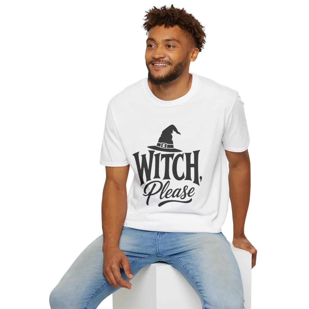Witch, Please Halloween T-Shirt in White, worn by a model (lifestyle shot)