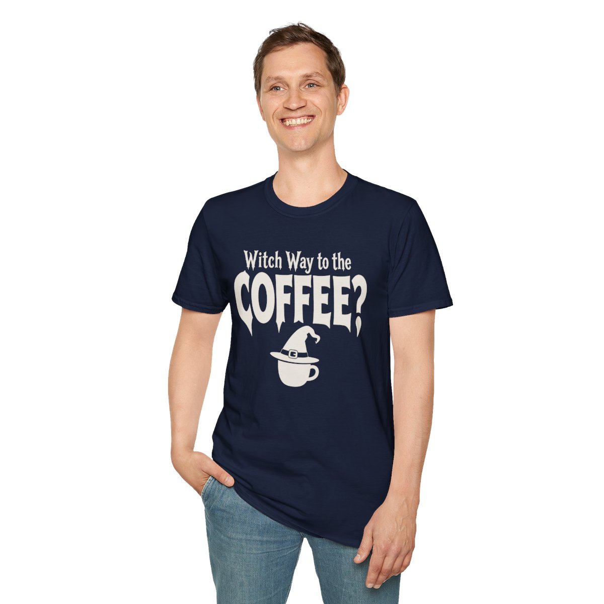 Witch Way to the Coffee Halloween T-Shirt in Navy, worn by a model (front view)