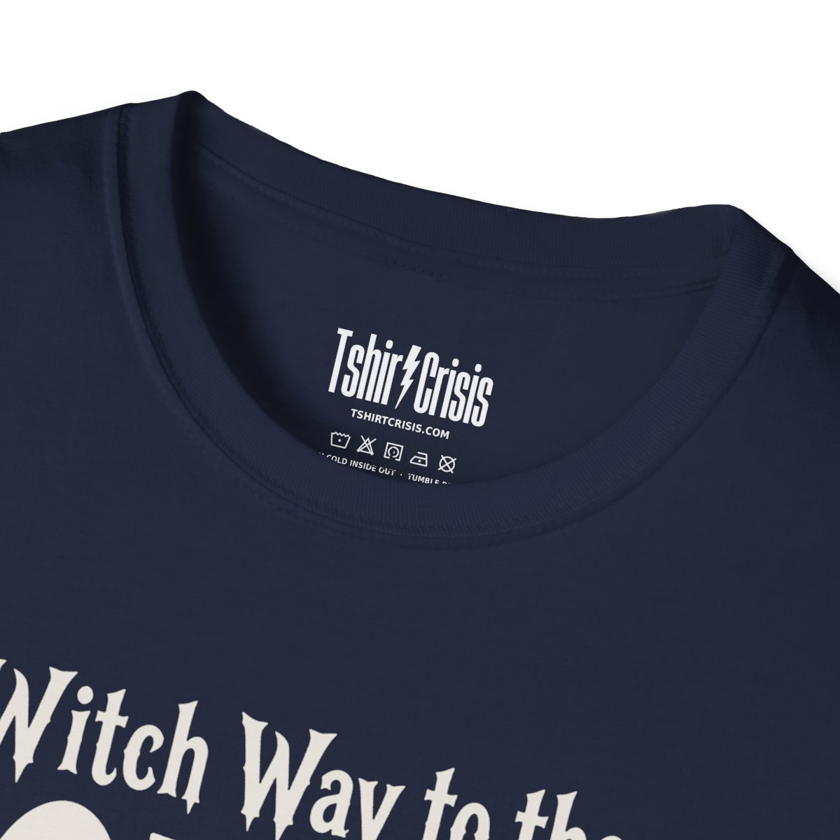 Witch Way to the Coffee Halloween T-Shirt in Navy, branded inside neck label