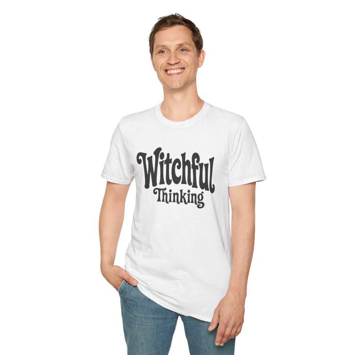 Witchful Thinking Halloween T-Shirt in White, worn by a model (front view)